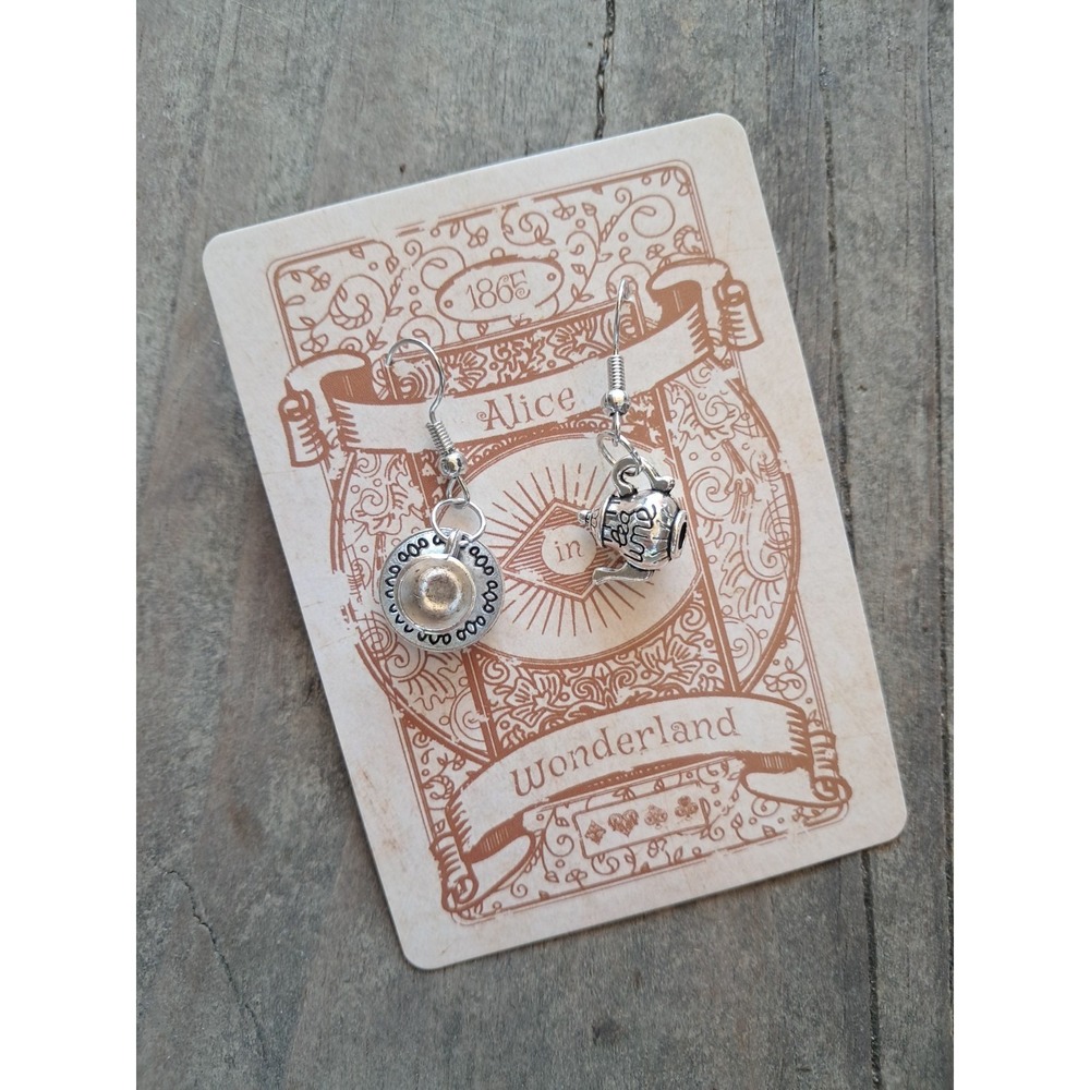 Cottagecore Teapot Cup Earrings Miniature Coffee Alcie And Wonderland Card J4